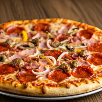 Meat lovers pizza with ham, pepperoni, and bacon at Nose Creek Pizza Calgary